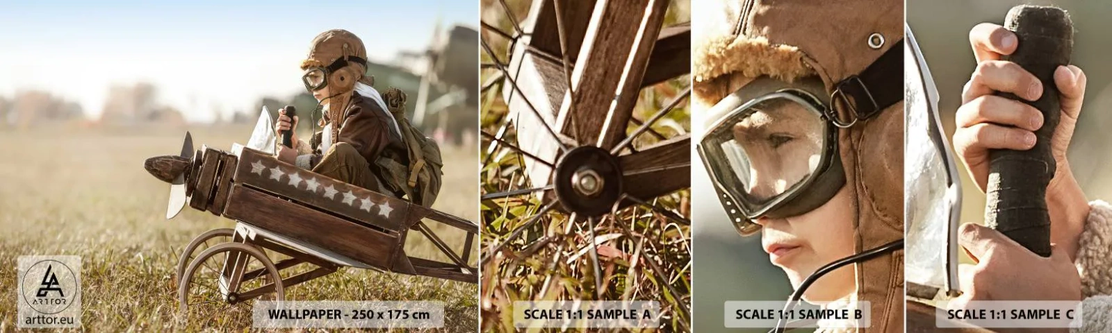 Fototapetenmuster Standard Eco - Start in Richtung eines Traums - Junge, Flugzeug, Jahrgang - 100x30 cm