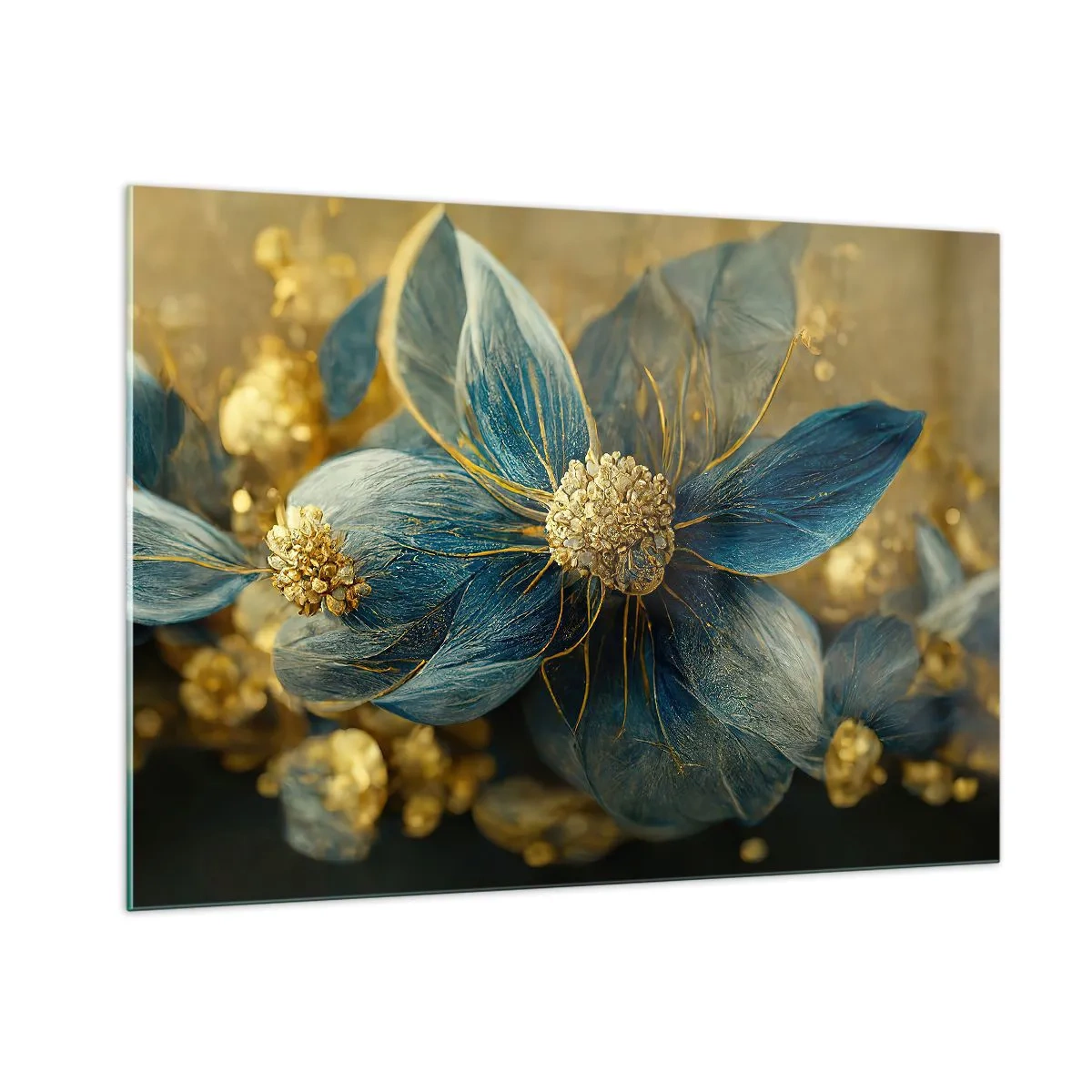 Glasbild - Bild auf glas - Blaue und goldene Blumen mit einem luxuriösen Gefühl - 100x70cm - Mit Gold blühen - Moderne Wanddekoration für Wohnzimmer und Schlafzimmer ARTTOR