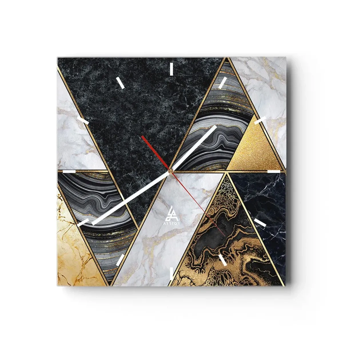 Wanduhr - Glasuhr - Geometrische Dreiecke in Gold, Marmor und dunklen Farbtönen - 30x30cm - Stein um Stein - Moderne Wanddekoration für Wohnzimmer und Schlafzimmer ARTTOR
