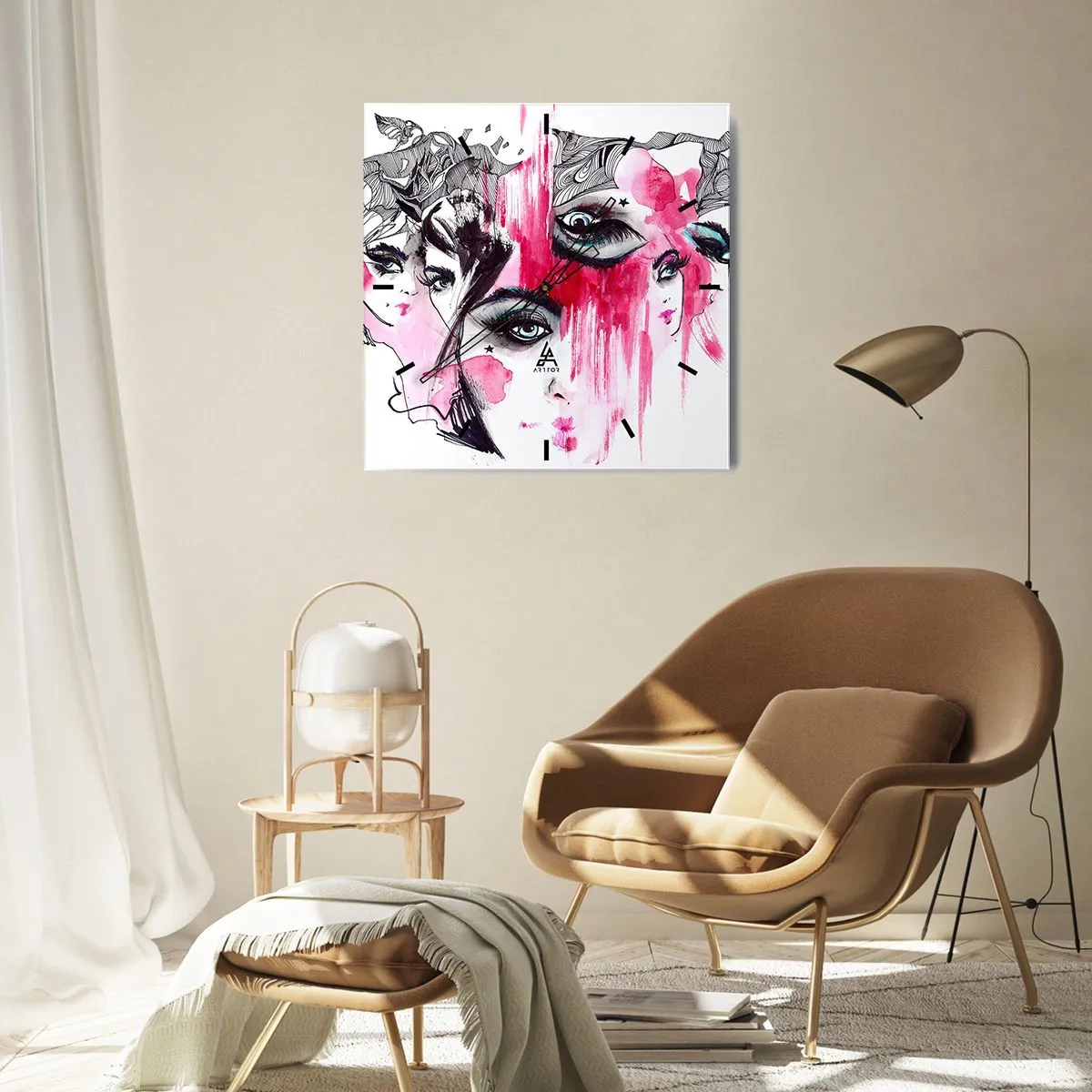 Wanduhr - Glasuhr - Abstraktes Gesicht in Rosa- und Schwarztönen - 30x30cm - Abstrakte Augen - Moderne Wanddekoration für Wohnzimmer und Schlafzimmer ARTTOR