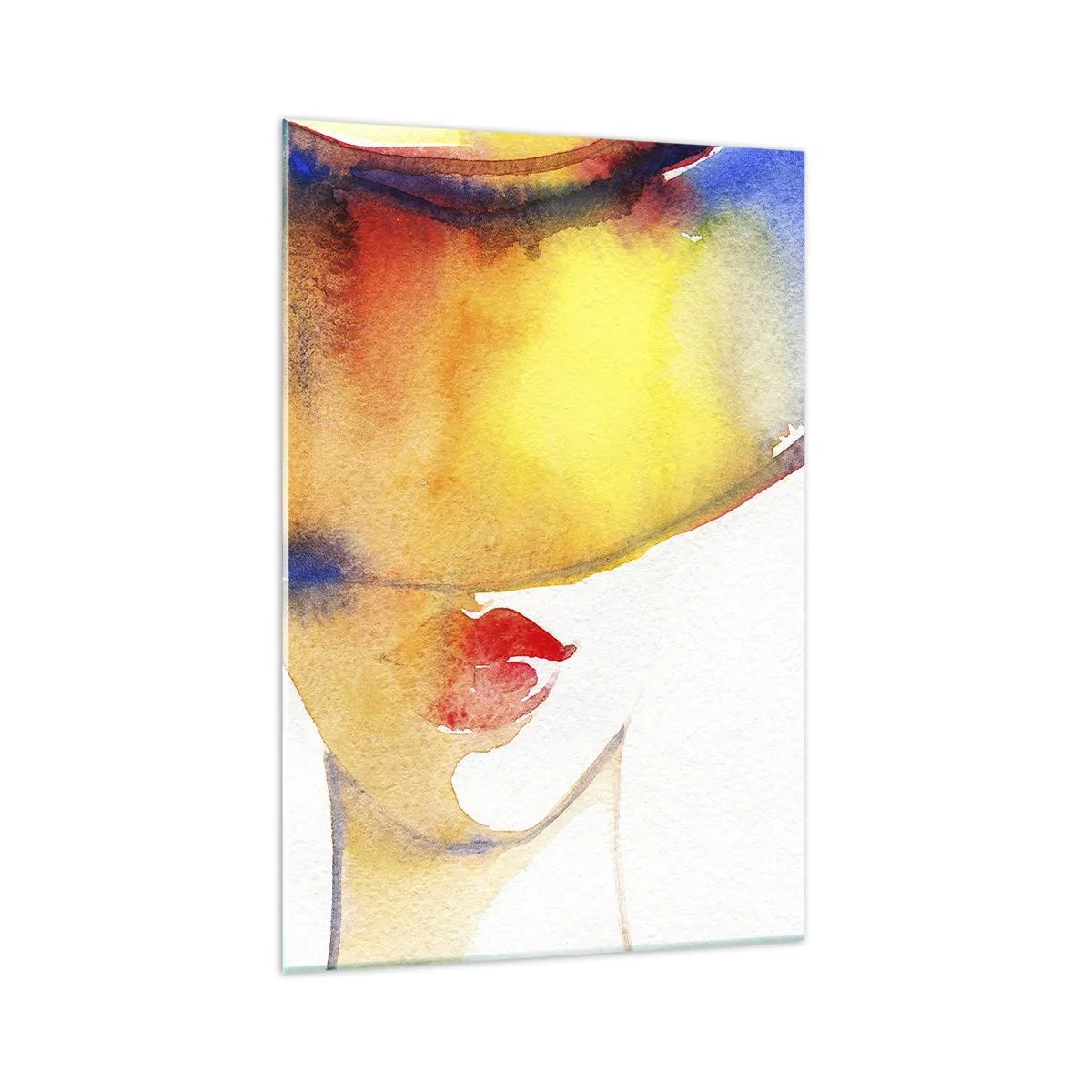 Glasbild - Bild auf glas - Ein minimalistisches Aquarellgemälde des Profils einer Frau mit einem bunten Hut. - 70x100cm - Bildnis einer Dame - Moderne Wanddekoration für Wohnzimmer und Schlafzimmer ARTTOR