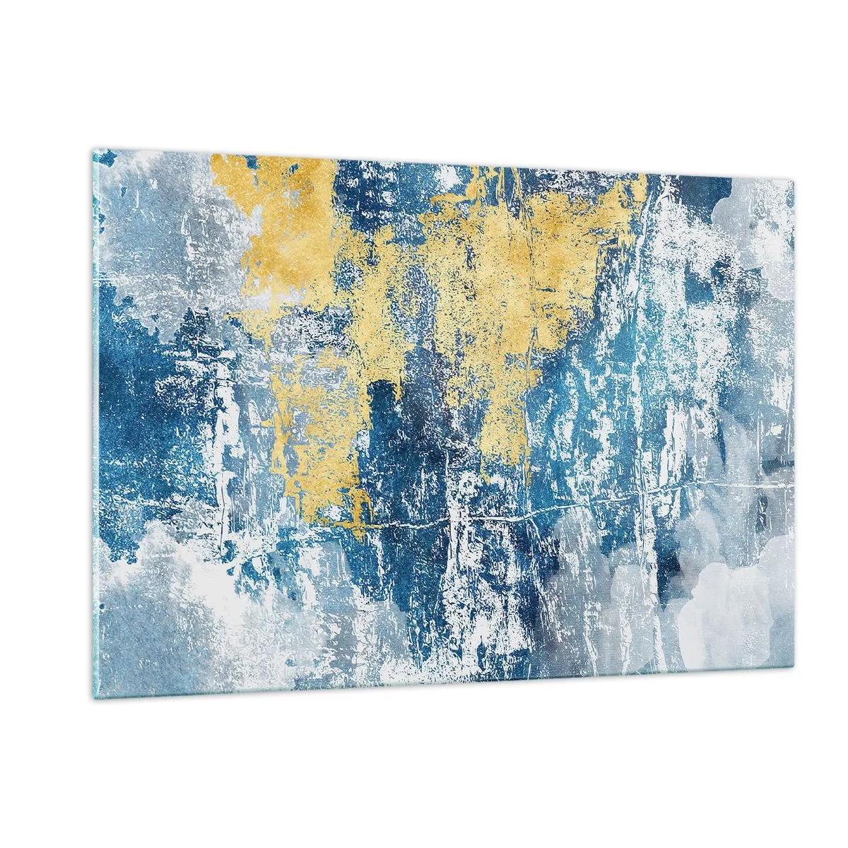 Glasbild - Bild auf glas - Blaue und gelbe Abstraktion mit einem Distressed- und Struktureffekt - 120x80cm - Abstraktion voller Wetter - Moderne Wanddekoration für Wohnzimmer und Schlafzimmer ARTTOR