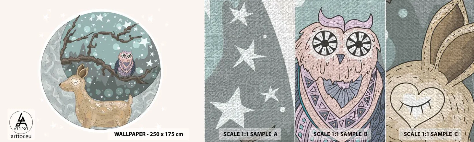 Fototapeten Muster Premium Canvas - Eine märchenhafte Waldnacht - Für Kinder, Grafik, Sterne - 100x30 cm