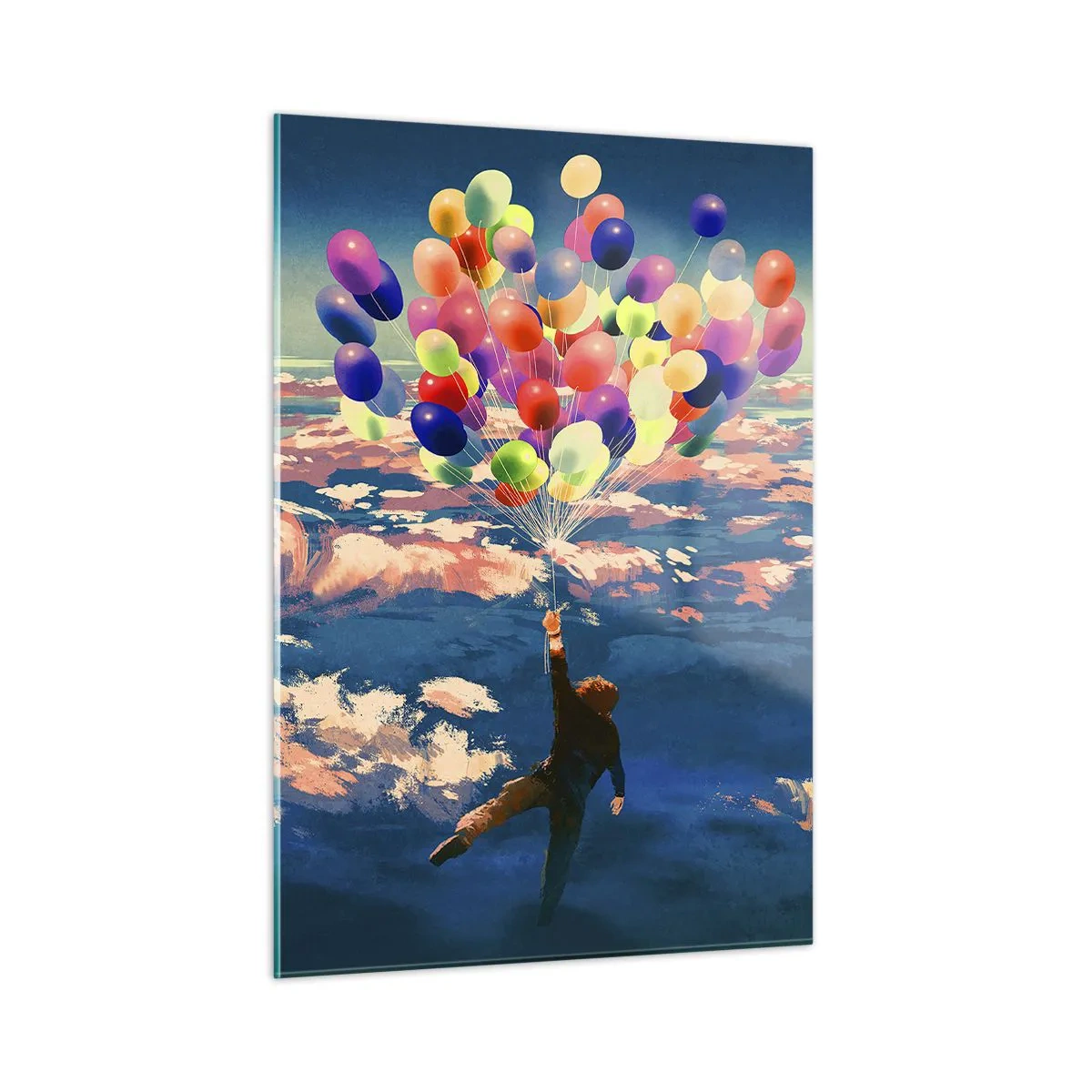 Glasbild - Bild auf glas - Eine Figur, die von bunten Ballons in die Luft getragen wird - 50x70cm - Ein Kindheitstraum wird wahr - Moderne Wanddekoration für Wohnzimmer und Schlafzimmer ARTTOR