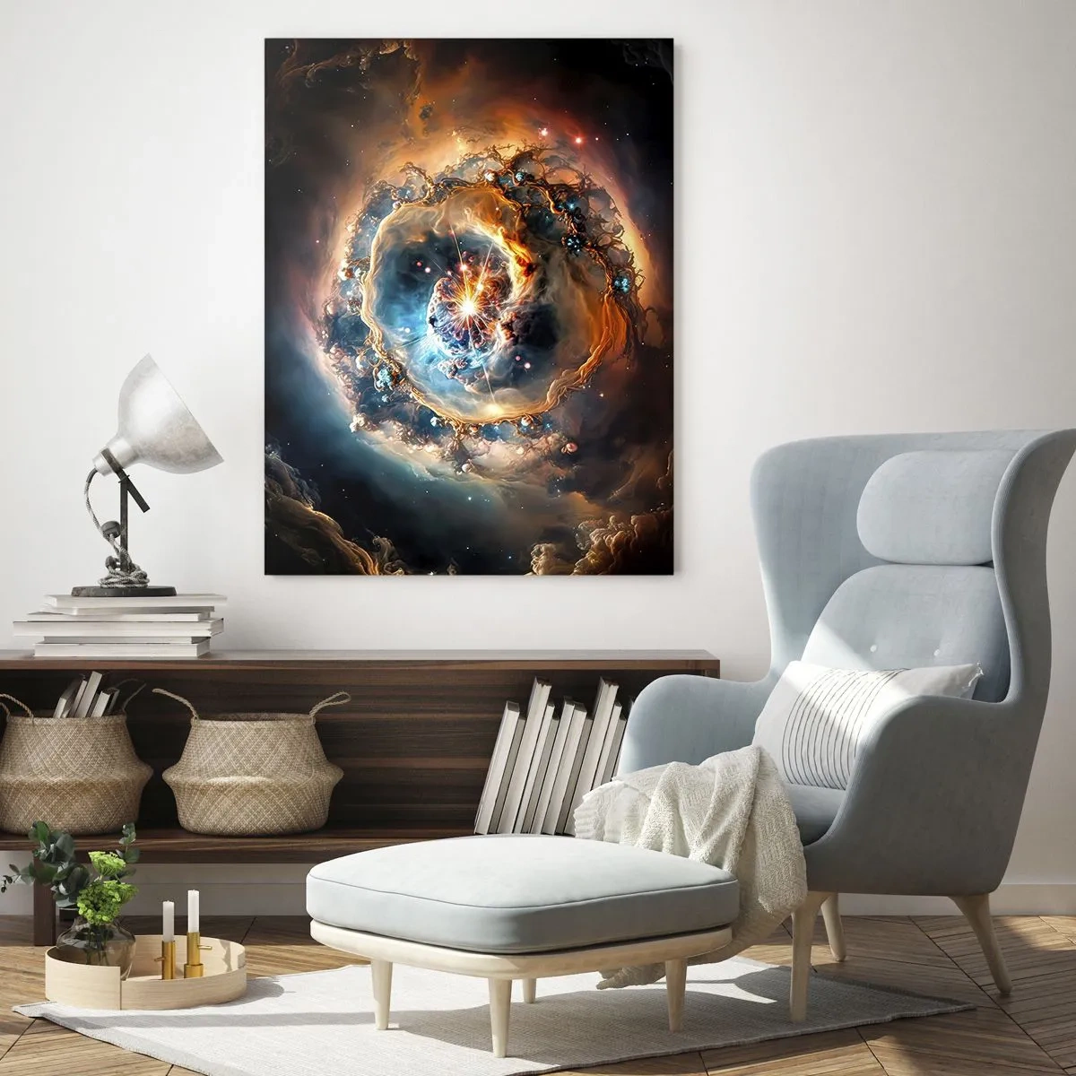 Glasbild - Bild auf glas - Eine kosmische Explosion im Zentrum eines galaktischen Wirbels - 50x70cm - Anfang - Moderne Wanddekoration für Wohnzimmer und Schlafzimmer ARTTOR