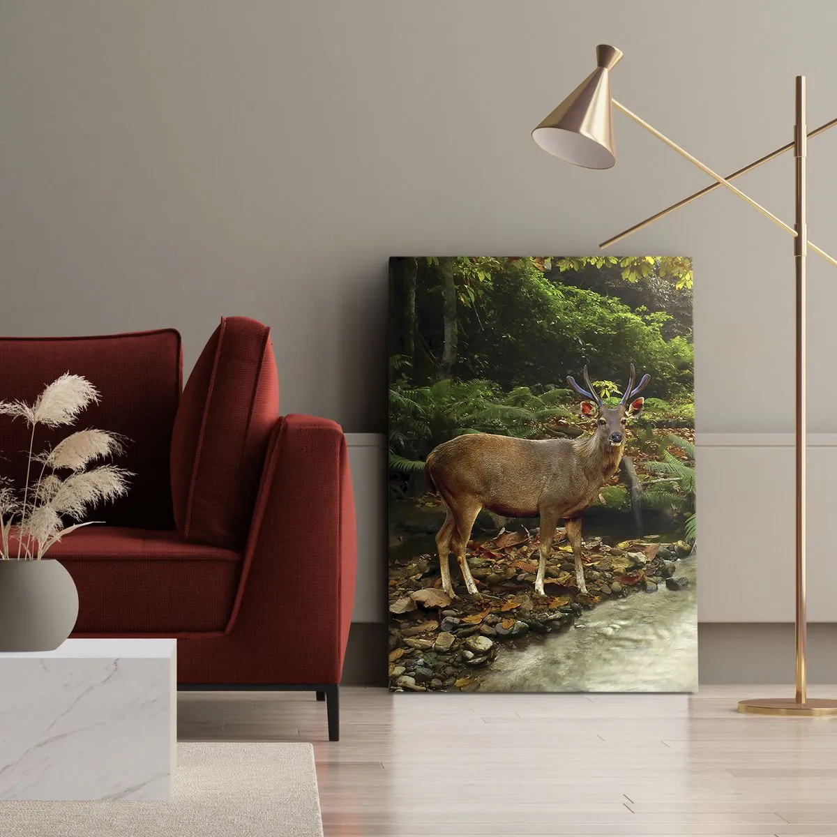 Bild auf Leinwand - Leinwandbild - Ein Reh an einem Bach, umgeben von Grün im Wald - 50x70cm - Willkommen in meiner Welt - Moderne Wanddekoration für Wohnzimmer und Schlafzimmer ARTTOR