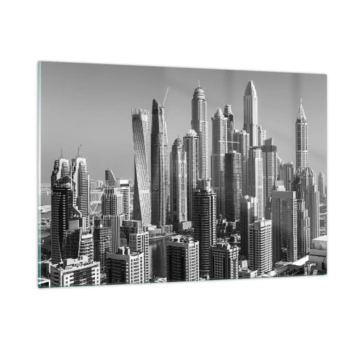 Glasbild - Bild auf glas - Schwarz-Weiß-Panorama der Wolkenkratzer der Stadt - 120x80cm - Stadt in der Wüste - Moderne Wanddekoration für Wohnzimmer und Schlafzimmer ARTTOR