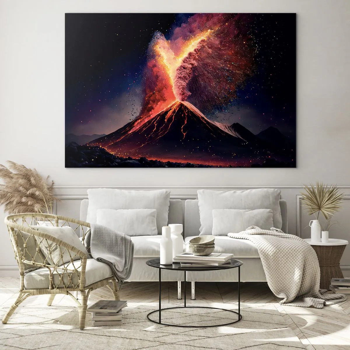 Glasbild - Bild auf glas - Ein ausbrechender Vulkan mit Lava und einer bunten Staubwolke - 70x50cm - Schönheit und Horror - Moderne Wanddekoration für Wohnzimmer und Schlafzimmer ARTTOR