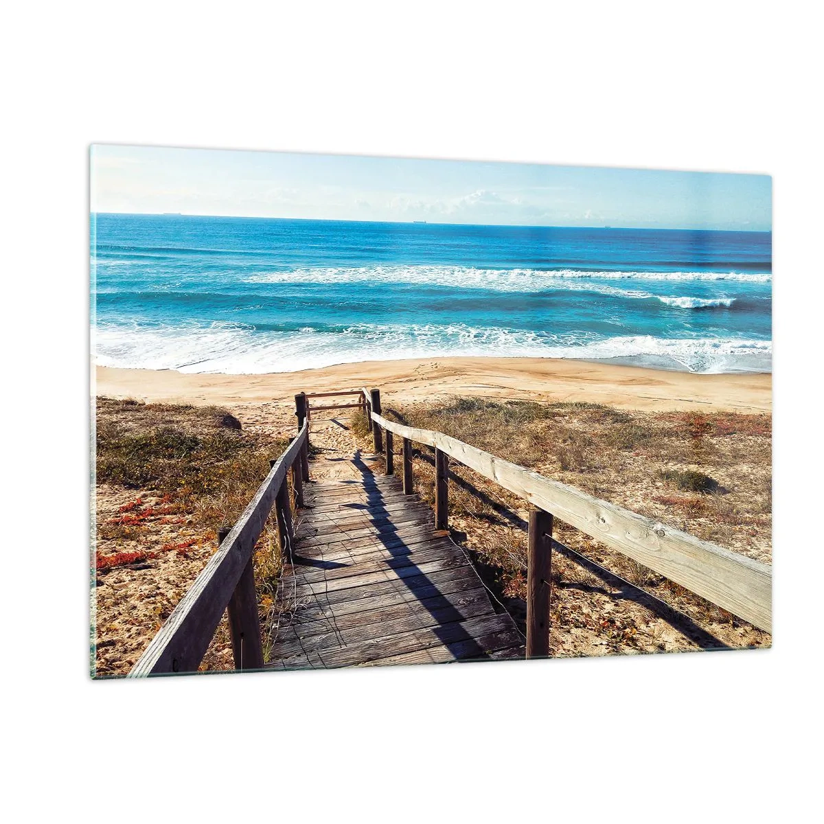 Glasbild - Bild auf glas - Holzweg zum Strand mit Meerblick - 120x80cm - Lauf! - Moderne Wanddekoration für Wohnzimmer und Schlafzimmer ARTTOR