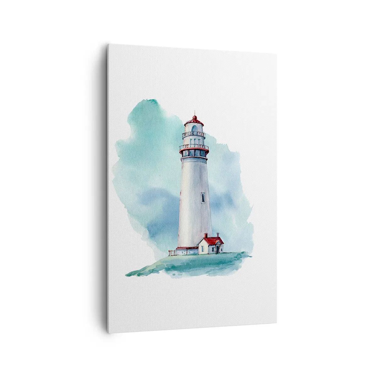 Bild auf Leinwand - Leinwandbild - Ein Leuchtturm vor einem aquarellblauen Hintergrund - 80x120cm - Sanfte Schwester vom Blau - Moderne Wanddekoration für Wohnzimmer und Schlafzimmer ARTTOR