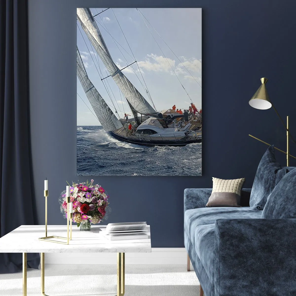 Glasbild - Bild auf glas - Yachtrennen auf offener See unter blauem Himmel - 80x120cm - Lass den Besseren sich durchsetzen - Moderne Wanddekoration für Wohnzimmer und Schlafzimmer ARTTOR