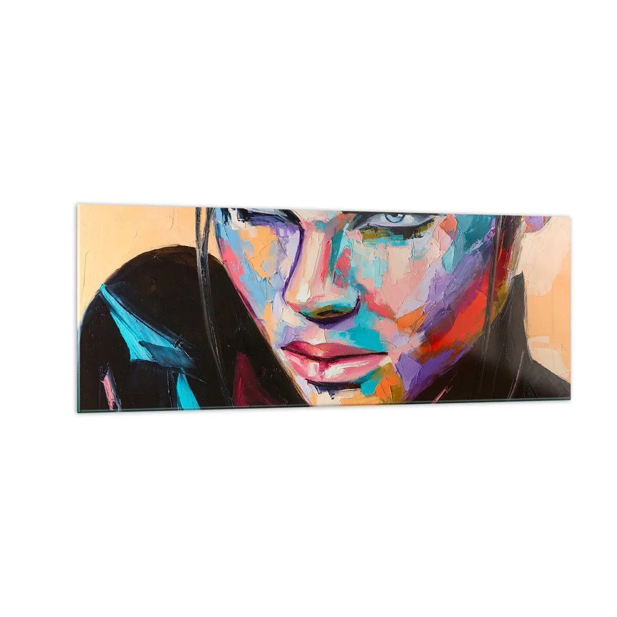 Glasbild - Bild auf glas - Porträt einer Frau in lebendigen abstrakten Farben - 140x50cm - Wild im Herzen - Moderne Wanddekoration für Wohnzimmer und Schlafzimmer ARTTOR