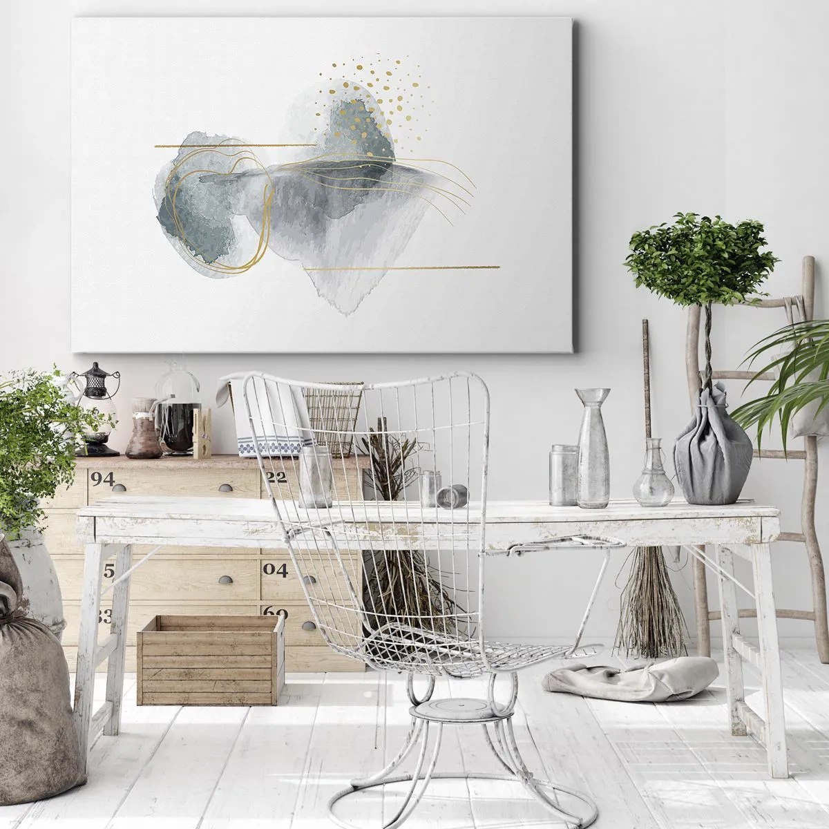 Bild auf Leinwand - Leinwandbild - Eine abstrakte Komposition in Türkis- und Goldtönen. - 70x50cm - Über das Verhältnis von Grau und Gold - Moderne Wanddekoration für Wohnzimmer und Schlafzimmer ARTTOR