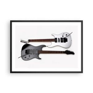 Poster in einem schwarzem Rahmen - Zwei E-Gitarren in Schwarz und Weiß auf hellem Hintergrund. - 70x50cm - Harmonie der Formen - Moderne Wanddekoration für Wohnzimmer und Schlafzimmer ARTTOR