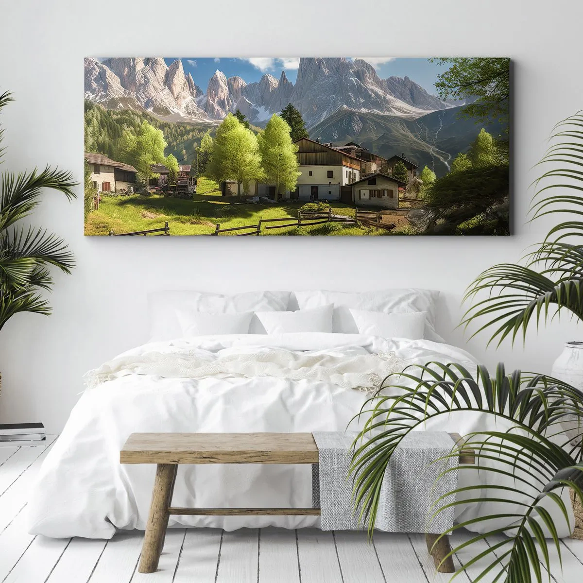 Bild auf Leinwand - Leinwandbild - Ein Bergdorf mit Häusern und Blick auf die Alpen - 140x50cm - Alpenidylle - Moderne Wanddekoration für Wohnzimmer und Schlafzimmer ARTTOR