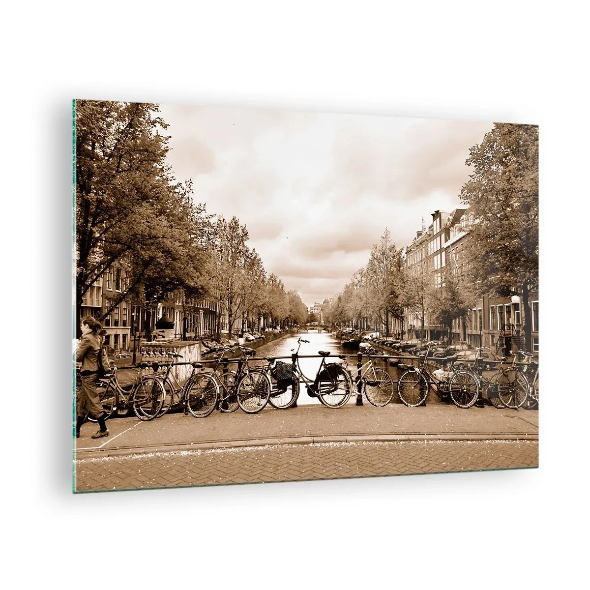 Glasbild - Bild auf glas - Amsterdamer Brücke mit Retro-Fahrrädern - 70x50cm - Niederländische Atmosphäre - Moderne Wanddekoration für Wohnzimmer und Schlafzimmer ARTTOR