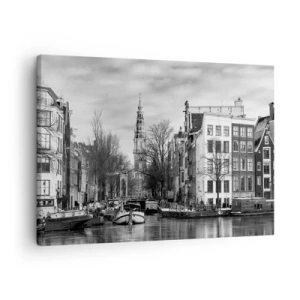 Bild auf Leinwand - Leinwandbild - Schwarz-Weiß-Panorama von Amsterdam mit Kanal und historischen Gebäuden - 70x50cm - Amsterdamer Atmosphäre - Moderne Wanddekoration für Wohnzimmer und Schlafzimmer ARTTOR