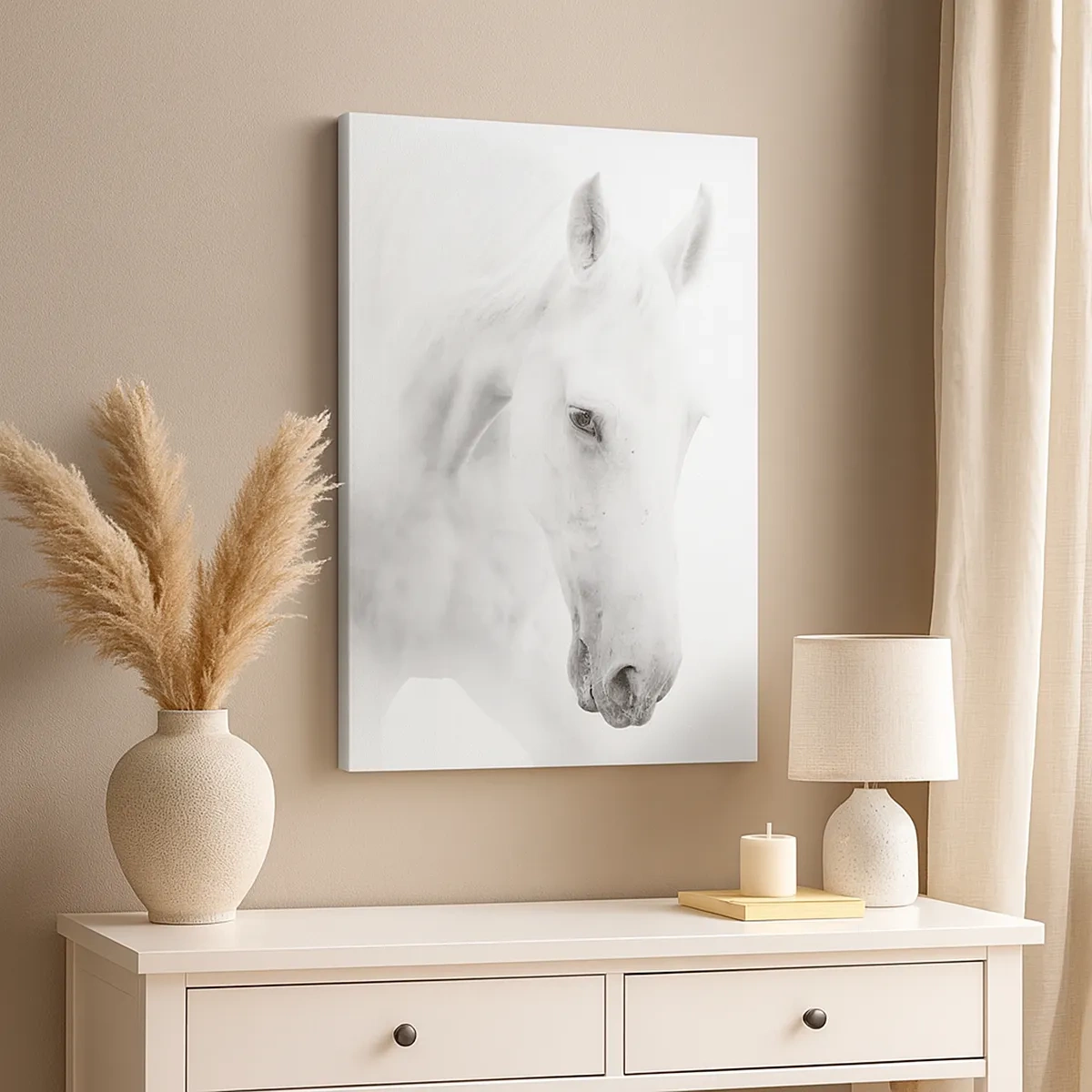 Bild auf Leinwand - Leinwandbild - Ein minimalistisches Porträt zweier weißer Pferde - 50x70cm - Ist das Freundschaft...? - Moderne Wanddekoration für Wohnzimmer und Schlafzimmer ARTTOR