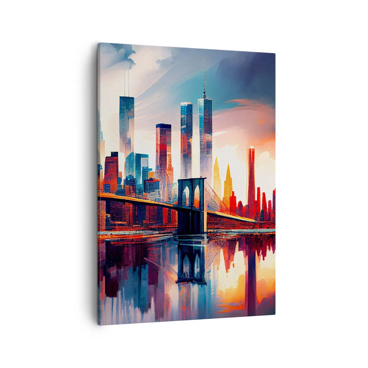 Bild auf Leinwand - Leinwandbild - New York City Panorama mit Brücke und Spiegelung im Wasser - 50x70cm - Traumhaftes New York - Moderne Wanddekoration für Wohnzimmer und Schlafzimmer ARTTOR