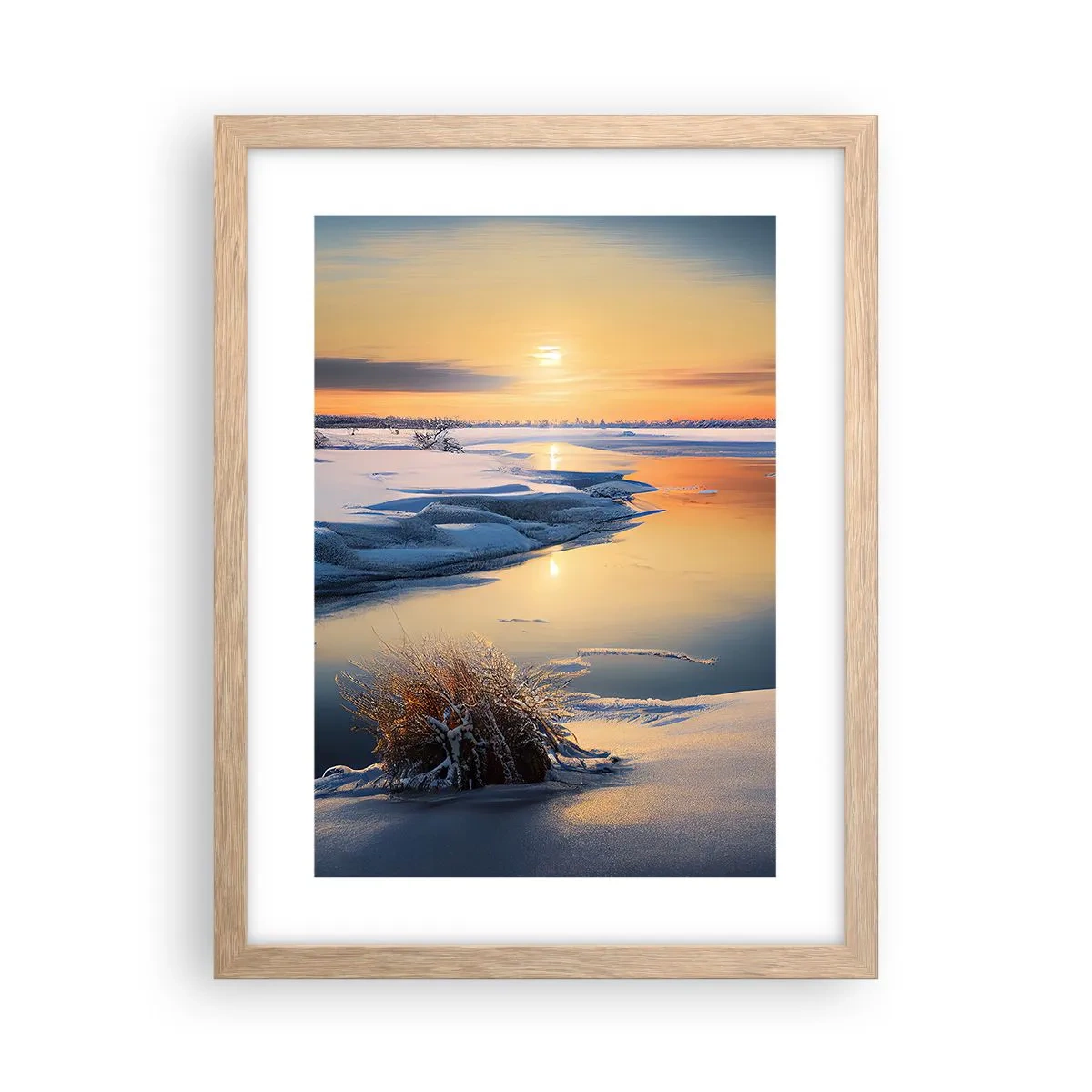 Poster in einem Rahmen aus heller Eiche - Wintersonnenuntergang - 30x40 cm