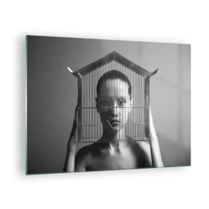 Glasbild - Bild auf glas - Frau mit einem hausförmigen Käfig im Gesicht in Schwarzweiß - 70x50cm - Ein leicht surreales Portrait - Moderne Wanddekoration für Wohnzimmer und Schlafzimmer ARTTOR