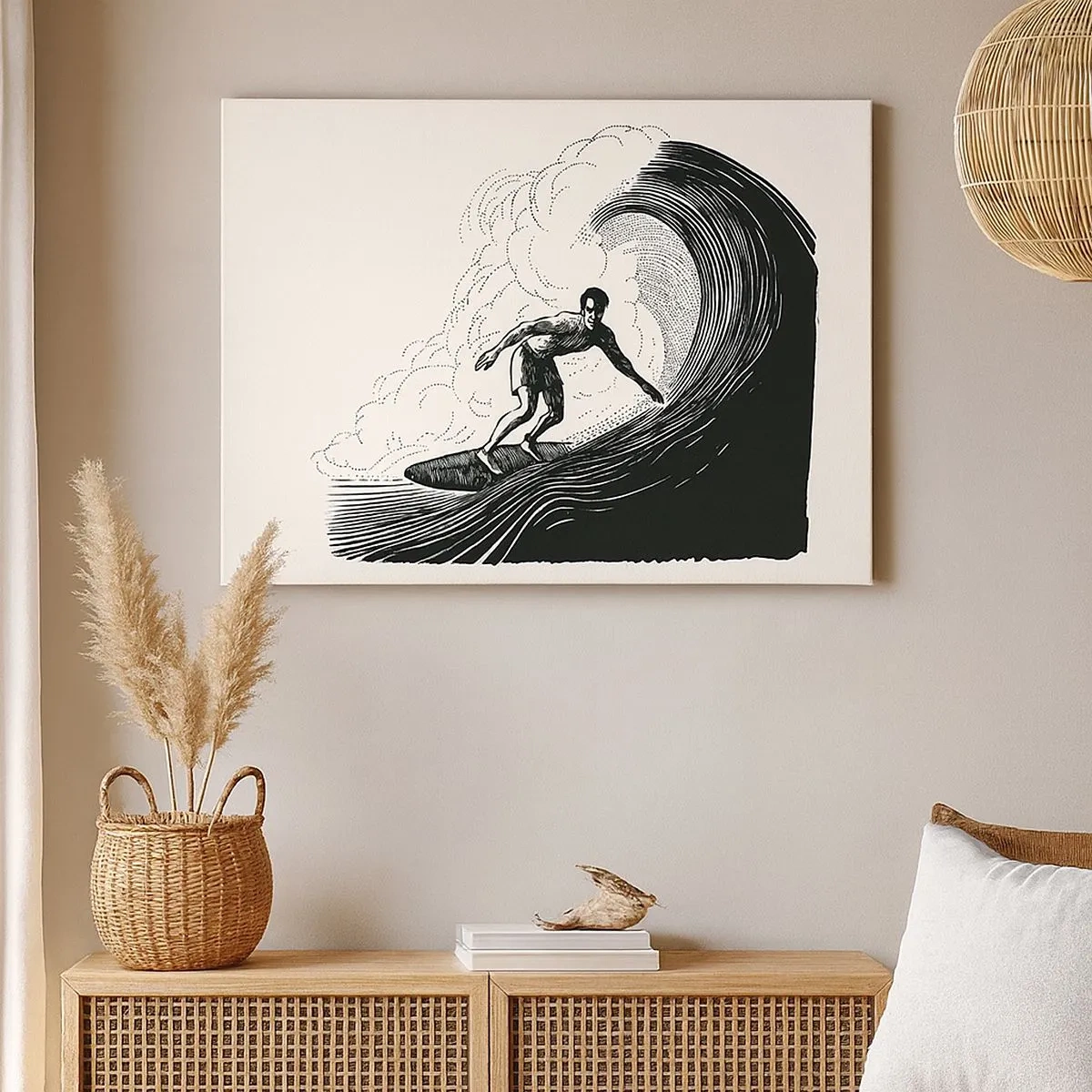 Bild auf Leinwand - Leinwandbild - Schwarz-Weiß-Grafik eines Surfers, der auf einer Welle reitet - 70x50cm - König der Welle - Moderne Wanddekoration für Wohnzimmer und Schlafzimmer ARTTOR
