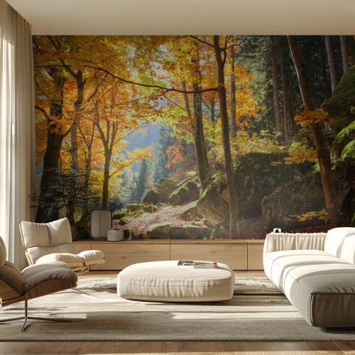 Fototapete Premium Sand - Herbstwald mit felsigem Pfad und Sonnenstrahlen - 100x70cm - Zeit zum Entspannen - Moderne Wanddekoration für Wohnzimmer und Schlafzimmer ARTTOR