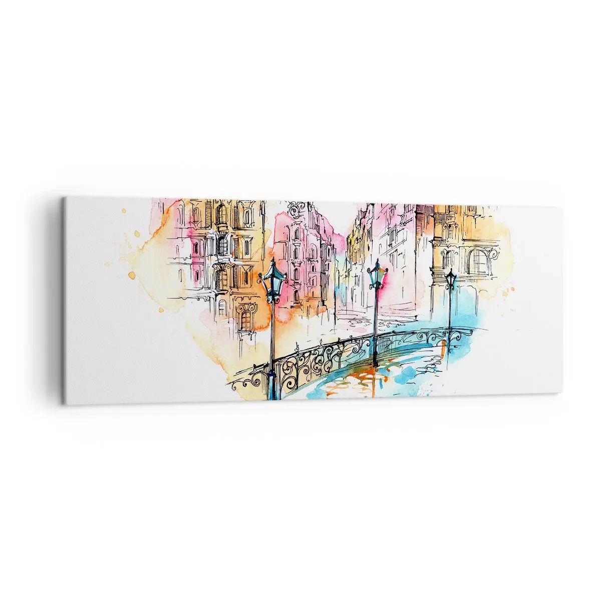 Bild auf Leinwand - Leinwandbild - Aquarell einer Brücke und herzförmigen Mietshäusern - 140x50cm - Das Herz der Stadt - Moderne Wanddekoration für Wohnzimmer und Schlafzimmer ARTTOR