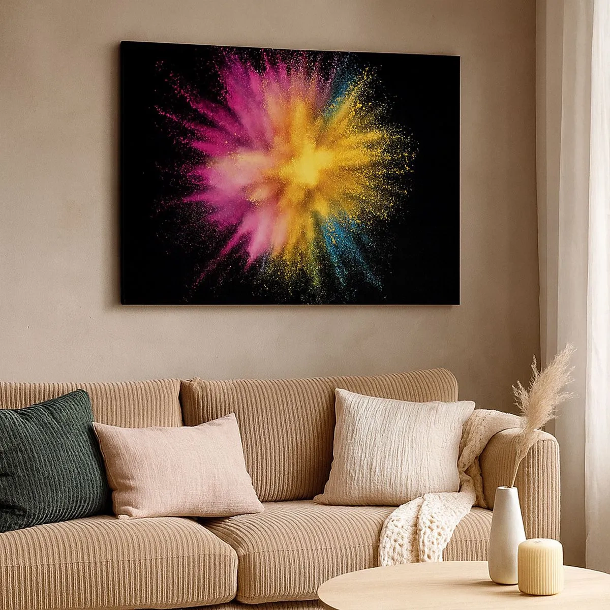 Bild auf Leinwand - Leinwandbild - Bunte Pulverexplosion auf schwarzem Hintergrund - 70x50cm - Die Geburt der Farben - Moderne Wanddekoration für Wohnzimmer und Schlafzimmer ARTTOR