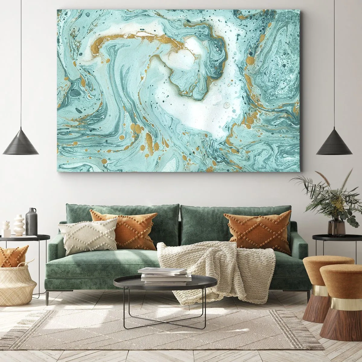 Bild auf Leinwand - Leinwandbild - Türkisfarbener Marmor mit goldenen Akzenten in einer abstrakten Komposition - 120x80cm - Unter der großen Welle der Edo-Ära - Moderne Wanddekoration für Wohnzimmer und Schlafzimmer ARTTOR
