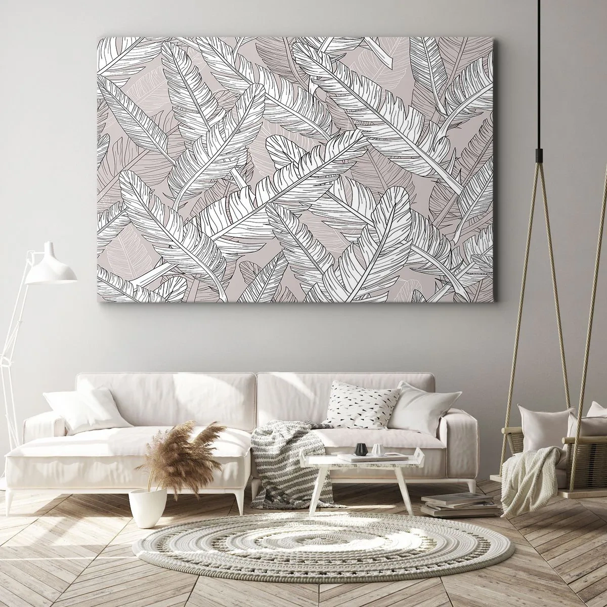 Bild auf Leinwand - Leinwandbild - Schwarz-weißes Muster mit Bananenblättern auf hellem Hintergrund - 100x70cm - Ein Federwirbel - Moderne Wanddekoration für Wohnzimmer und Schlafzimmer ARTTOR