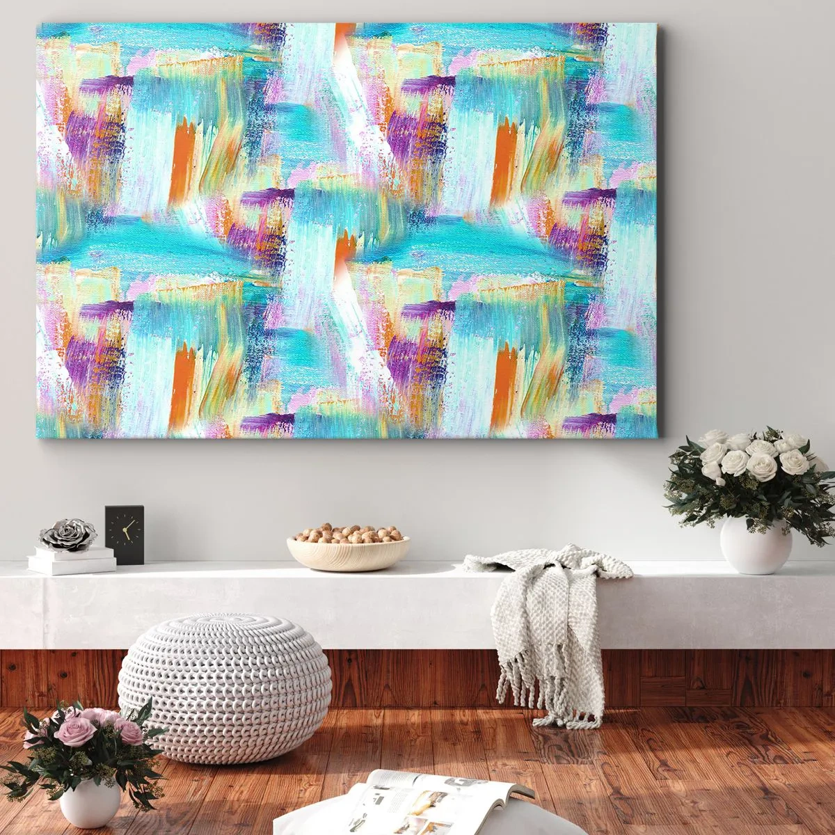 Bild auf Leinwand - Leinwandbild - Farbenfrohe Abstraktion mit dynamischen Pinselstrichen - 120x80cm - Fröhlicher Labyrinth-Liner - Moderne Wanddekoration für Wohnzimmer und Schlafzimmer ARTTOR