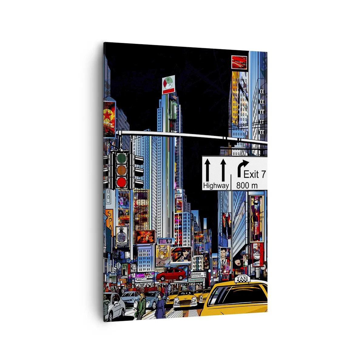 Bild auf Leinwand - Leinwandbild - Eine geschäftige Stadt mit bunten Werbetafeln und gelben Taxis - 80x120cm - Comicbuch große Nacht - Moderne Wanddekoration für Wohnzimmer und Schlafzimmer ARTTOR