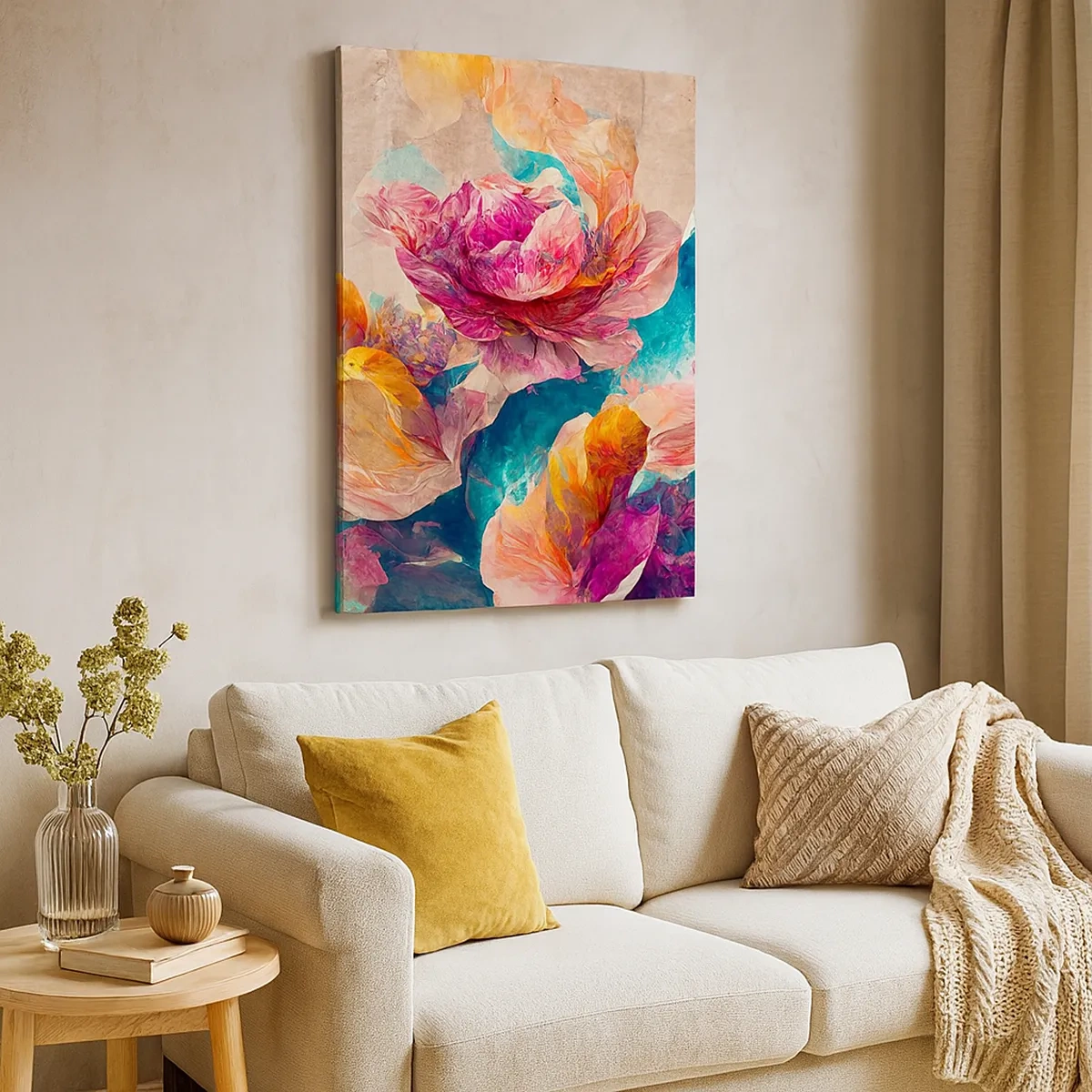 Bild auf Leinwand - Leinwandbild - Bunte Blumen auf beigem Hintergrund - 50x70cm - Farbenpracht des Straußes - Moderne Wanddekoration für Wohnzimmer und Schlafzimmer ARTTOR