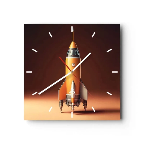 Wanduhr - Glasuhr - Eine Rakete im Retro-Stil vor einem Hintergrund in Brauntönen - 30x30cm - Es beginnt mit einem Traum - Moderne Wanddekoration für Wohnzimmer und Schlafzimmer ARTTOR