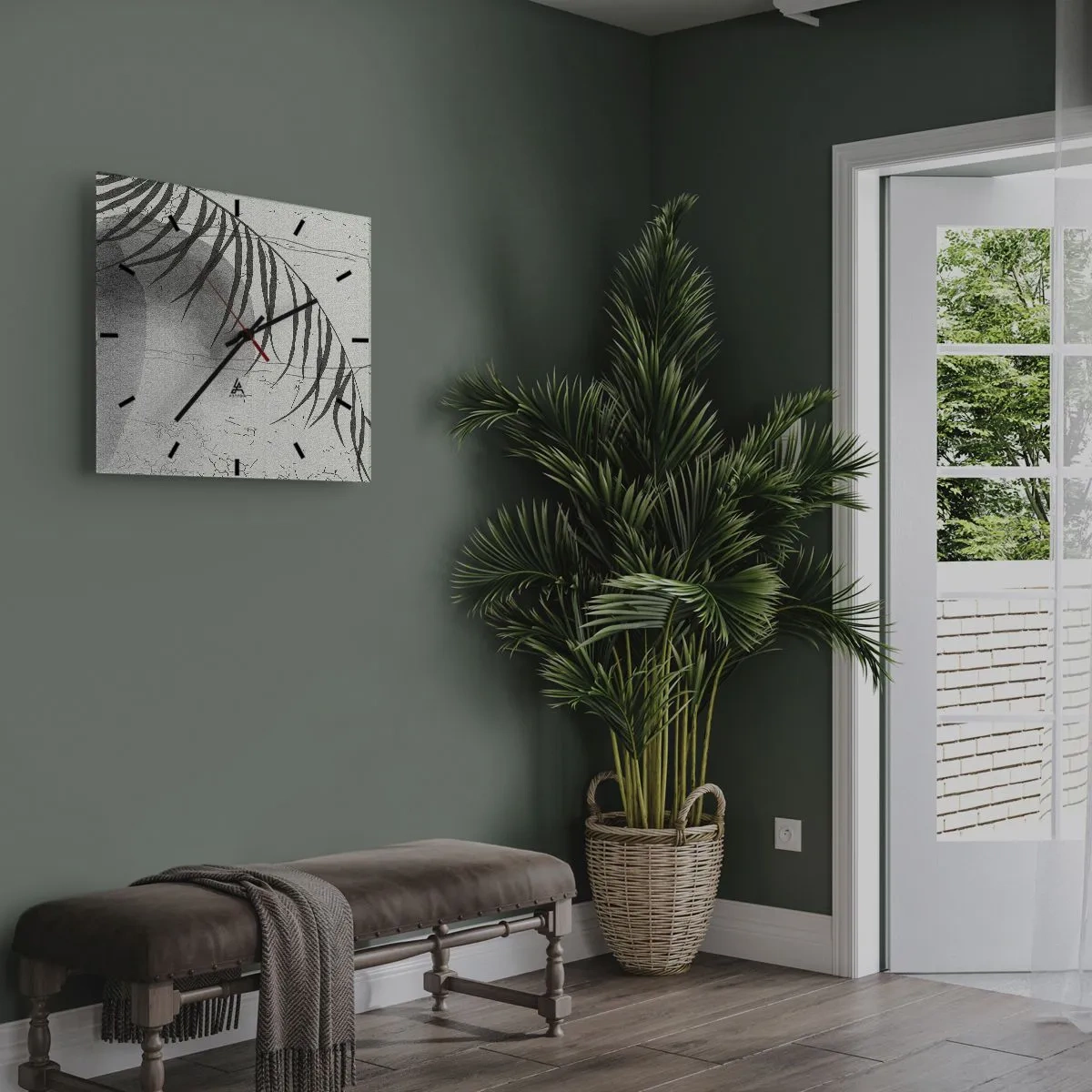 Wanduhr - Glasuhr - Ein zartes Palmblattmotiv auf hellem Untergrund im skandinavischen Stil. - 30x30cm - Subtile Exotik der Natur - Moderne Wanddekoration für Wohnzimmer und Schlafzimmer ARTTOR