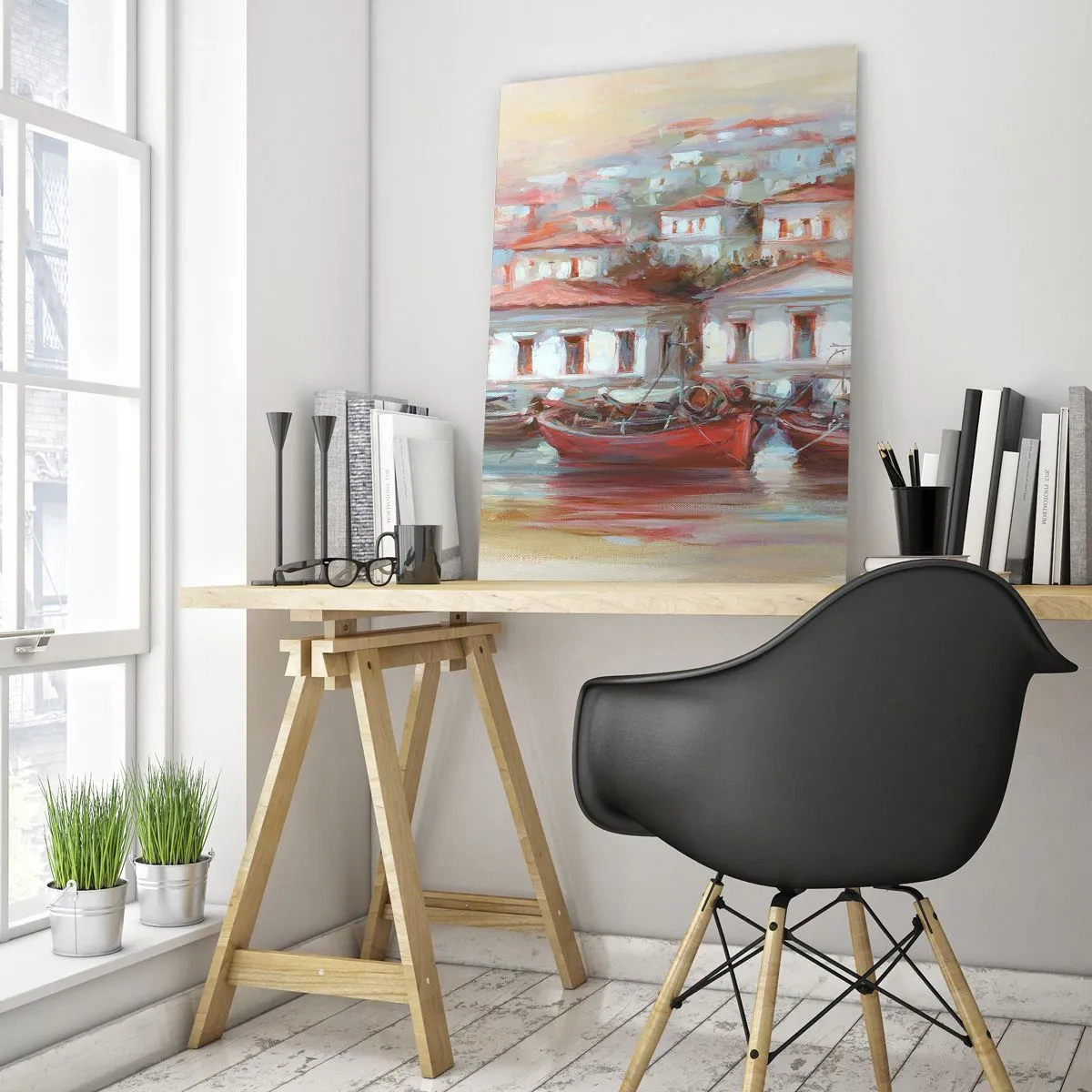 Glasbild - Bild auf glas - Eine malerische Stadt mit Booten im Hafen bei Sonnenuntergang - 50x70cm - Glückliche Stadt - Moderne Wanddekoration für Wohnzimmer und Schlafzimmer ARTTOR