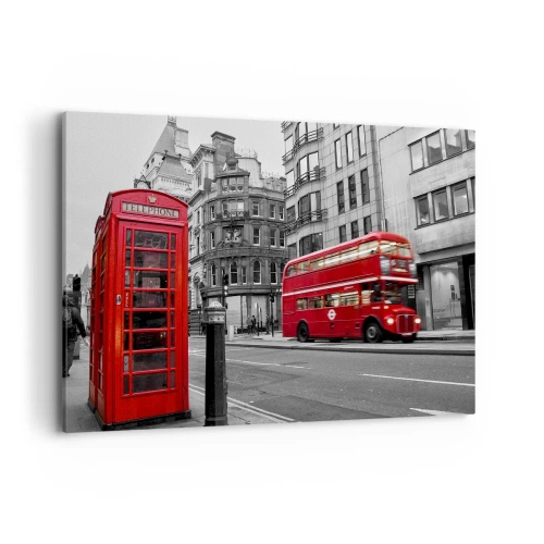 Bild auf Leinwand - Leinwandbild - Eine rote Telefonzelle und ein Doppeldeckerbus in London mit der Stadt im Hintergrund - 120x80cm - Das Rotste in Europa - Moderne Wanddekoration für Wohnzimmer und Schlafzimmer ARTTOR