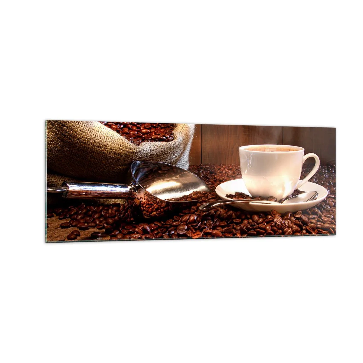 Glasbild - Bild auf glas - Eine Tasse Kaffee mit Kaffeebohnen und einem Getreidesack im Hintergrund - 140x50cm - Fühlst du diesen Geruch? - Moderne Wanddekoration für Wohnzimmer und Schlafzimmer ARTTOR