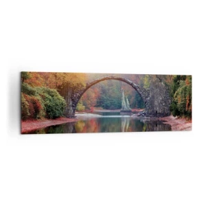 Bild auf Leinwand - Leinwandbild - Eine Steinbrücke in einer Herbstlandschaft über ruhigem Wasser - 160x50cm - Auf der anderen Seite des Spiegels - Moderne Wanddekoration für Wohnzimmer und Schlafzimmer ARTTOR