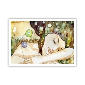 Poster - Eine träumende Frau, umgeben von abstrakten Formen und Farben. - 100x70cm - Ein smaragd-violetter Traum - Moderne Wanddekoration für Wohnzimmer und Schlafzimmer ARTTOR