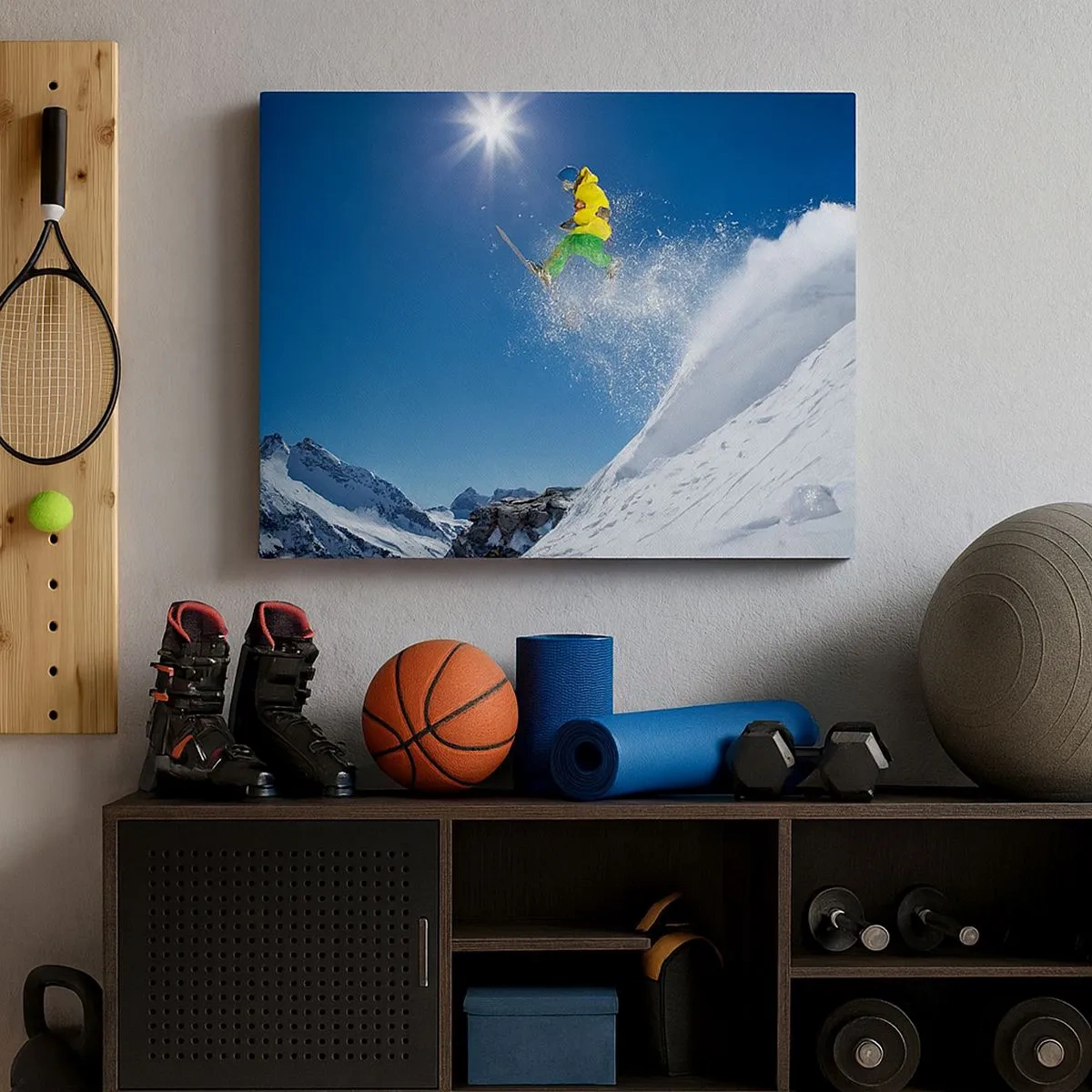 Bild auf Leinwand - Leinwandbild - Skifahrer in der Luft mit Bergen im Hintergrund - 70x50cm - Tanzen mit den Bergen - Moderne Wanddekoration für Wohnzimmer und Schlafzimmer ARTTOR