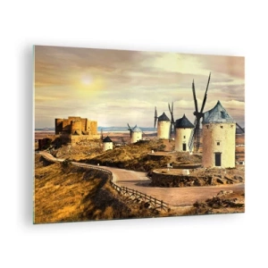 Glasbild - Bild auf glas - Windmühlen und eine Burg in der Landschaft bei Sonnenuntergang - 70x50cm - Don Quijote kommt gleich - Moderne Wanddekoration für Wohnzimmer und Schlafzimmer ARTTOR