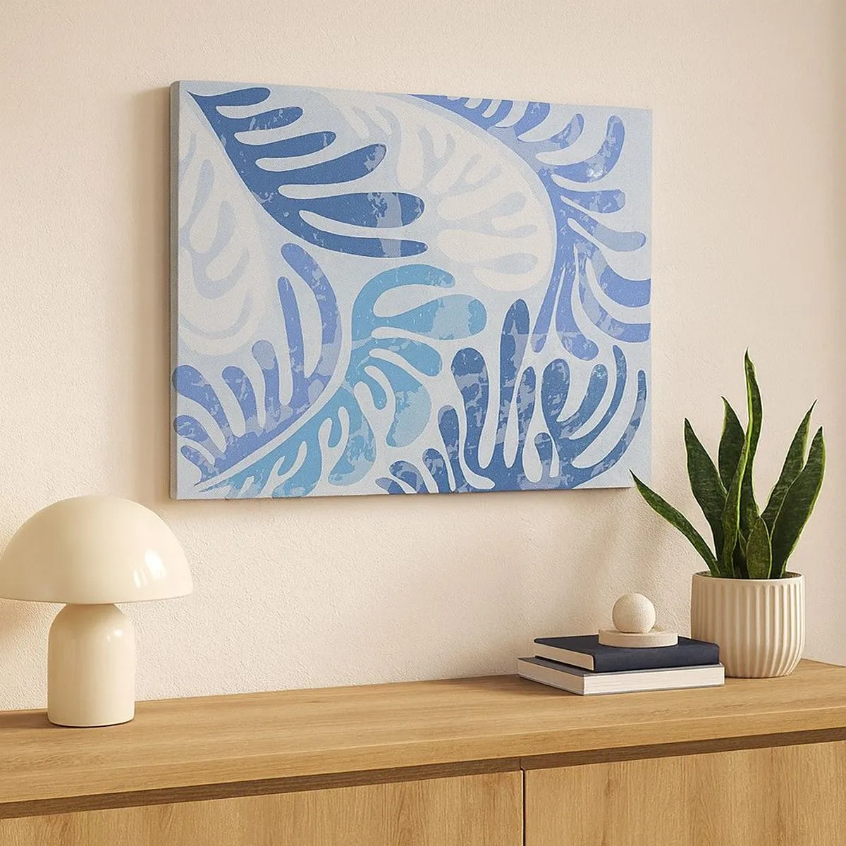 Bild auf Leinwand - Leinwandbild - Abstrakte Formen in Blautönen auf weißem Hintergrund - 70x50cm - Blaue Farne - Moderne Wanddekoration für Wohnzimmer und Schlafzimmer ARTTOR