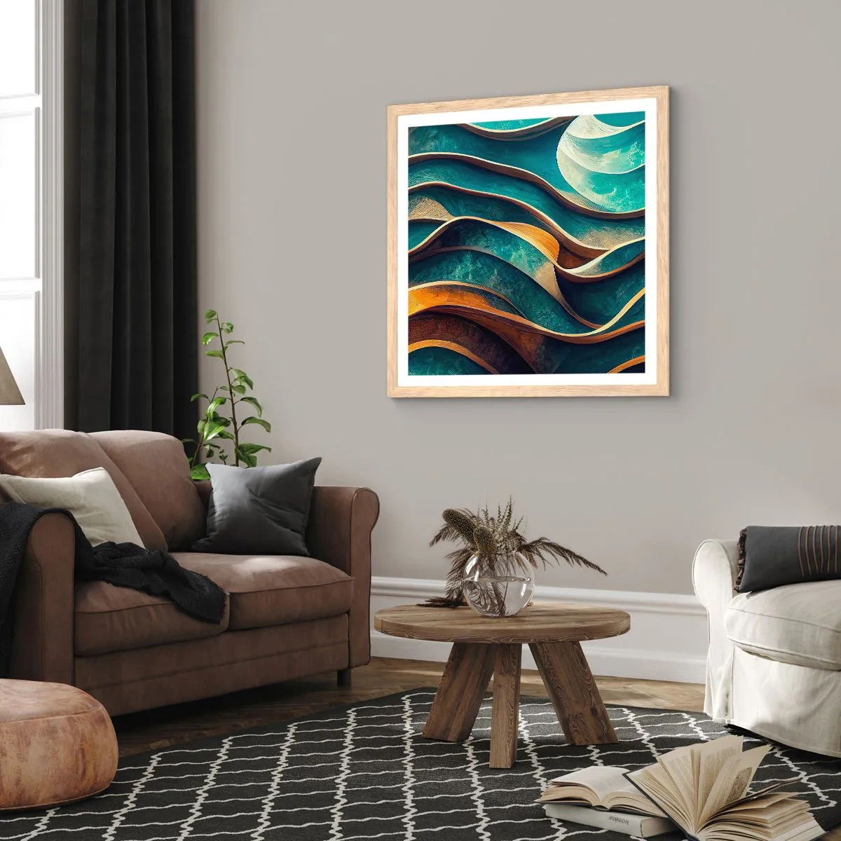 Poster in einem Rahmen aus heller Eiche - Blaue Mäander - 50x50 cm