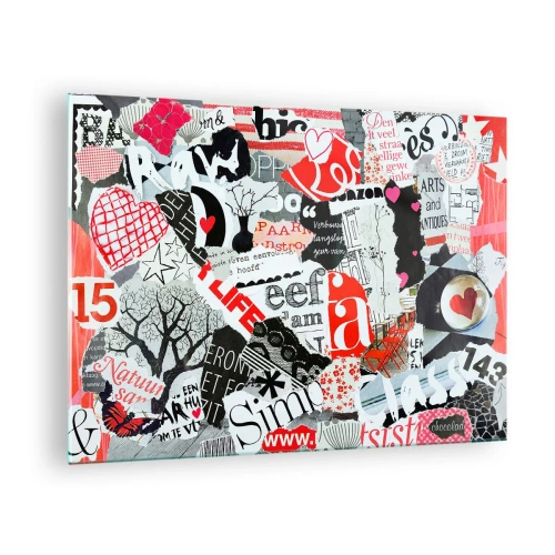 Glasbild - Bild auf glas - Eine Collage aus Buchstaben, Herzen und Bäumen im künstlerischen Stil. - 70x50cm - Hipster-Collage - Moderne Wanddekoration für Wohnzimmer und Schlafzimmer ARTTOR