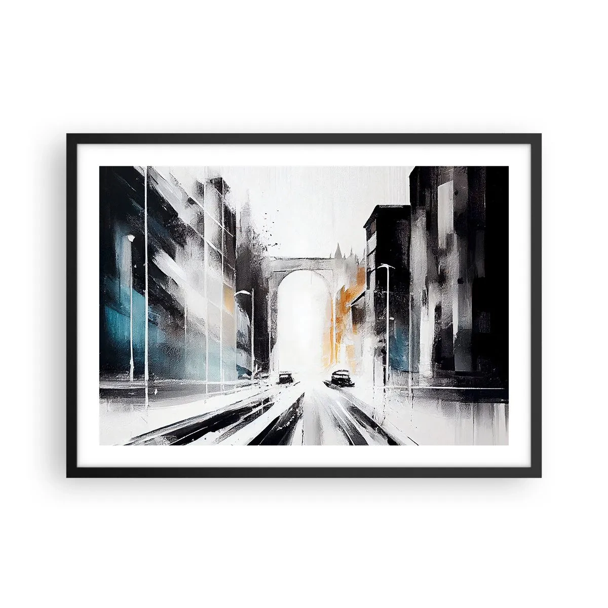 Poster in einem schwarzem Rahmen - Abstraktes Stadtpanorama mit einer Bogenbrücke - 70x50cm - Stadtstudie: Architektur und Bewegung - Moderne Wanddekoration für Wohnzimmer und Schlafzimmer ARTTOR