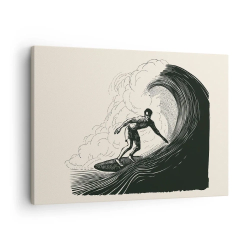 Bild auf Leinwand - Leinwandbild - Schwarz-Weiß-Grafik eines Surfers, der auf einer Welle reitet - 70x50cm - König der Welle - Moderne Wanddekoration für Wohnzimmer und Schlafzimmer ARTTOR