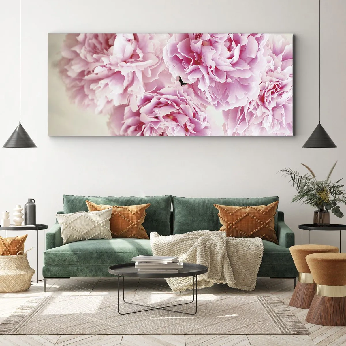 Bild auf Leinwand - Leinwandbild - Ein Strauß rosa Pfingstrosen auf hellem Hintergrund - 120x50cm - In rosa Glamour - Moderne Wanddekoration für Wohnzimmer und Schlafzimmer ARTTOR