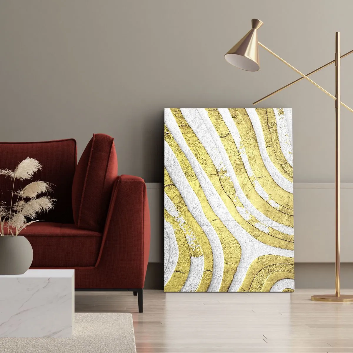 Bild auf Leinwand - Leinwandbild - Gold- und Weiß-abstrakte Linien in einer 3D-Textur - 70x100cm - Komposition in Weiß und Gold - Moderne Wanddekoration für Wohnzimmer und Schlafzimmer ARTTOR